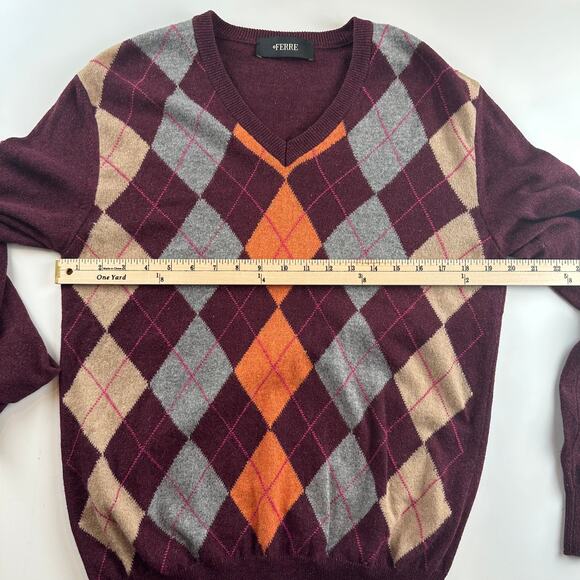 Ferre Ittierre SPA Men's Argyle knit Sweater Wool Cashmere L 52 Gianfranco Y2k - Picture 9 of 9